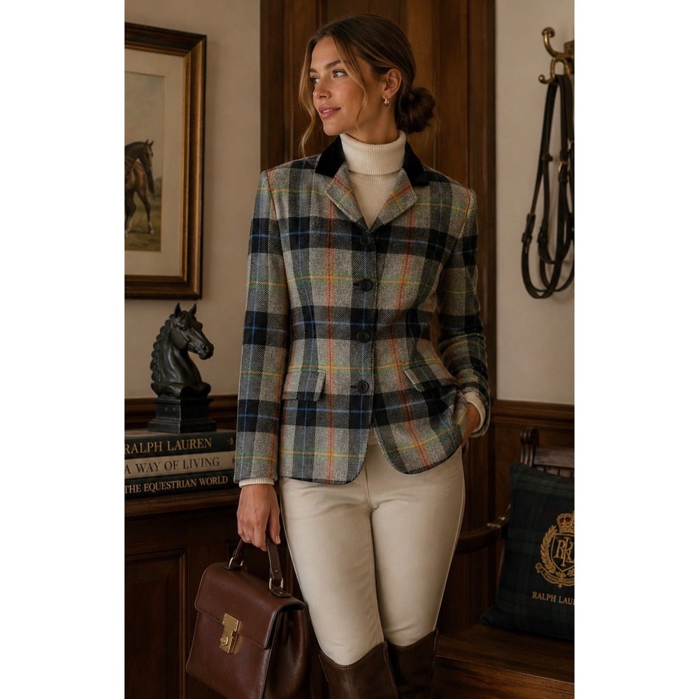 Vtg Evan Picone Plaid Wool  Velvet‎ Collar English Country Equestrian Jacket 14